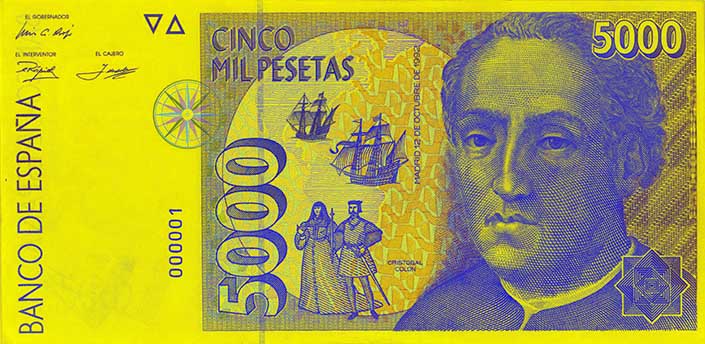 5000 pesetu banknote aversā